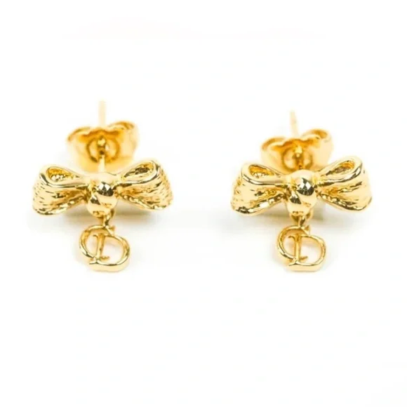 Dior Gold Bow Earrings with Logo Charm